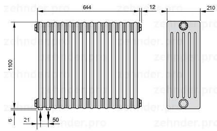 Схема (чертеж) Радиатор Zehnder Charleston 6110/14 №3370 Белый глянцевый RAL 9016